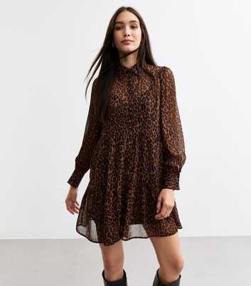 Brown Leopard Print Chiffon Mini Shirt Dress
