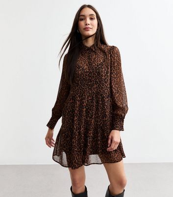 Brown Leopard Print Chiffon Mini Shirt Dress New Look