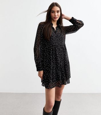 Black Chiffon Polka Dot Tiered Mini Dress New Look