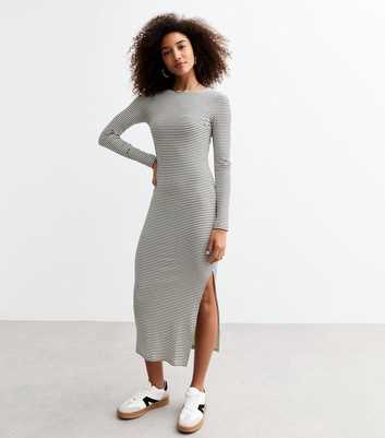 White Stripe Ribbed Long Sleeve Side Slit Midi Dress