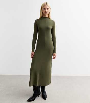 Khaki Seam Detail Ribbed Long Sleeve Midi Dress