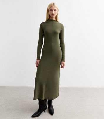 Khaki Seam Detail Ribbed Long Sleeve Midi Dress New Look