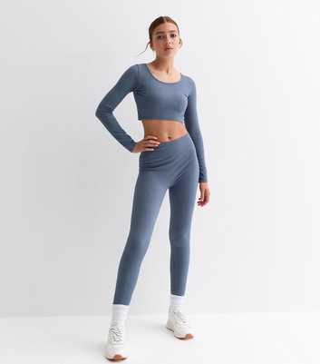 Girls Blue Ribbed Leggings