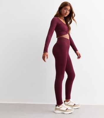 Girls Burgundy Ribbed Leggings