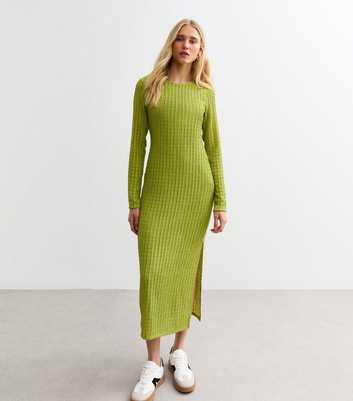 Green Textured Long Sleeve Midi Dress