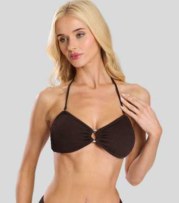 South Beach Dark Brown Textured Ring Detail Bikini Top