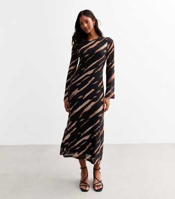 Black Printed Mesh Long Sleeve Midi Dress