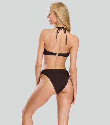 South Beach Dark Brown Textured Ring Detail Bikini Bottoms New Look