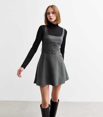 Grey Pinstripe Belted Pinafore Dress