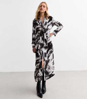 Black Woven Abstract Print Midi Shirt Dress 