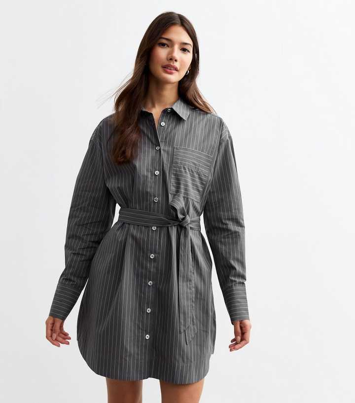 Grey Pinstripe Poplin Mini Shirt Dress