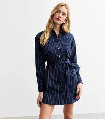 Navy Pinstripe Poplin Mini Shirt Dress