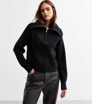 Black Ribbed Knit Half Zip Jumper