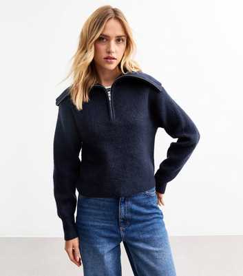 Navy Ribbed Knit Half Zip Jumper