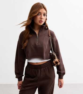 Girls Brown Half Zip Crop Sweatshirt