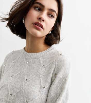 Grey Diamanté Embellished Diamond Knit Jumper