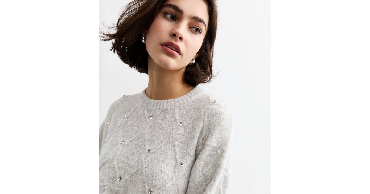 Grey Diamanté Embellished Diamond Knit Jumper New Look