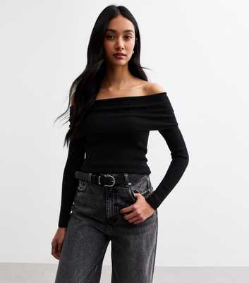 Black Ribbed Knit Bardot Top