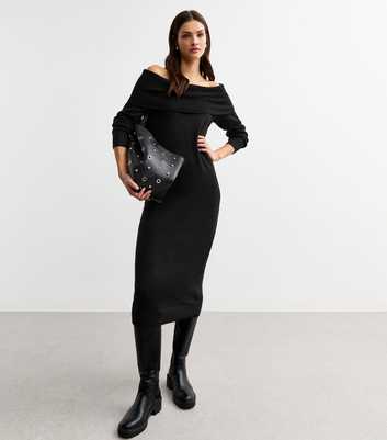 Black Knit Bardot Midi Dress