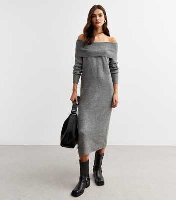 Grey Knit Bardot Midi Dress