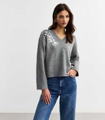 Grey Sequin Embellished V Neck Jumper