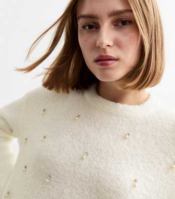 Off White Faux Pearl Embellished Bouclè Jumper