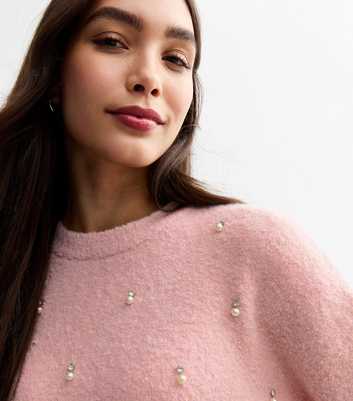 Pink Faux Pearl Embellished Bouclè Jumper