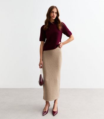 Mink Boucle Knit Midi Skirt New Look