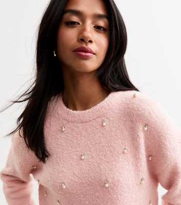 Petite Pink Faux Pearl Embellished Bouclè Jumper