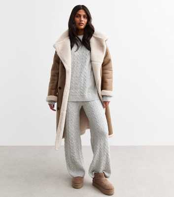 Pale Grey Cable Knit Wide Trousers