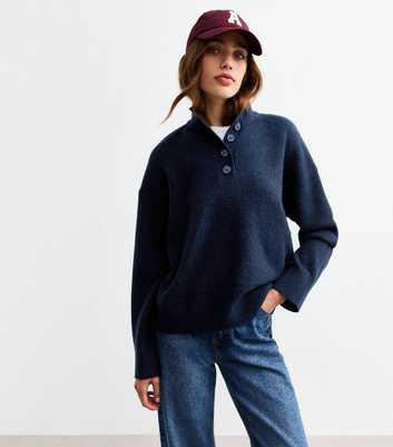 Navy High Neck Button Up Jumper