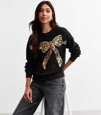 Black Christmas Leopard Bow Embellished Jumper