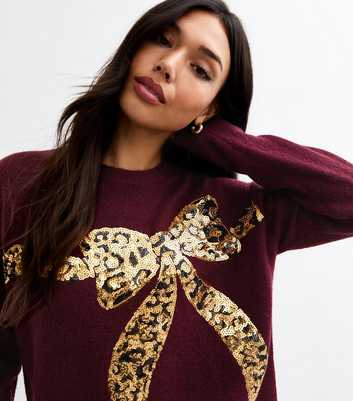 Red Christmas Leopard Bow Embellished Jumper