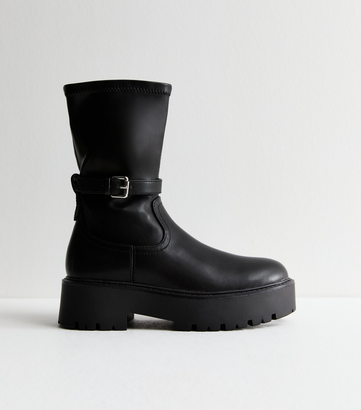 Women's Black Leather-Look Chunky Biker Boots Vegan New Look