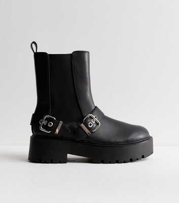Black Leather Look Buckle Detail Chunky Boots