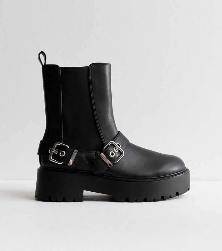 Black Leather Look Buckle Detail Chunky Boots