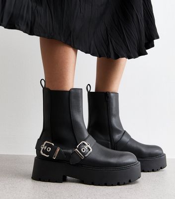 Black Leather Look Buckle Detail Chunky Boots New Look