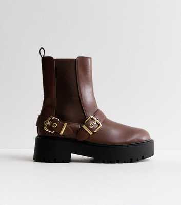 Rust Leather Look Buckle Detail Chunky Boots