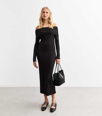 Black Ribbed Bardot Long Sleeved Midi Dress