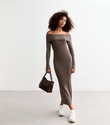 Brown Ribbed Bardot Long Sleeved Midi Dress New Look