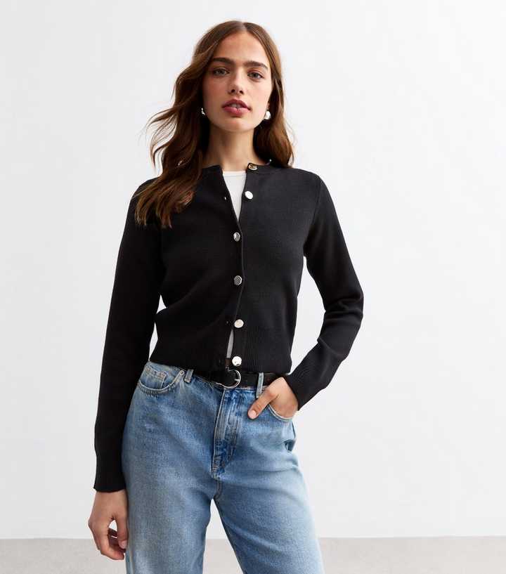 Black Compact Knit Gold Button Cardigan