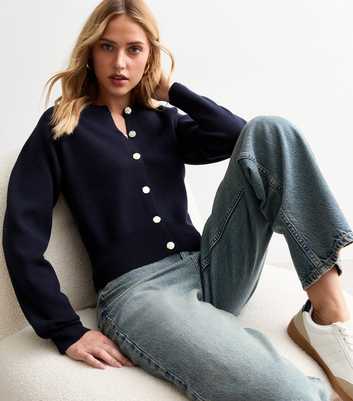 Navy Compact Knit Gold Button Cardigan 