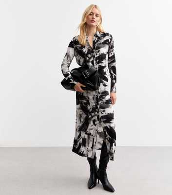 Tall Black Brush Print Midi Shirt Dress