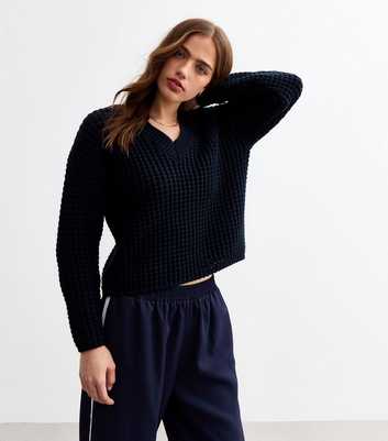 Navy Chunky Knit V-Neck Jumper 