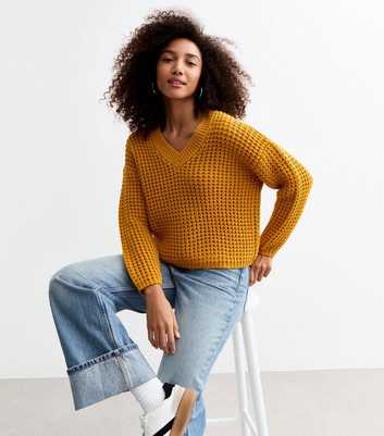 Mustard Chunky Knit V-Neck Jumper 