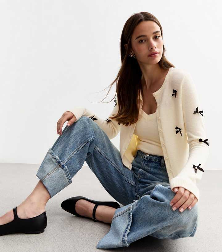 Off White Bow Embellished Fluffy Cardigan