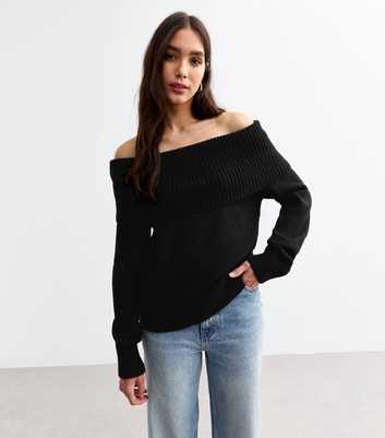 Black Knit Foldover Bardot Jumper