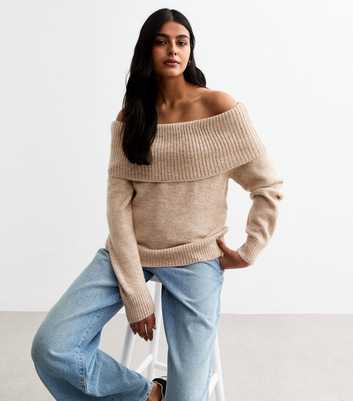 Beige Knit Foldover Bardot Jumper