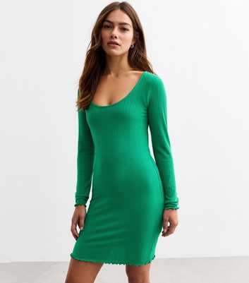 Petite Green Scoop Neck Ribbed Mini Dress