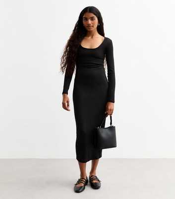 Petite Black Scoop Neck Ribbed Midi Dress 